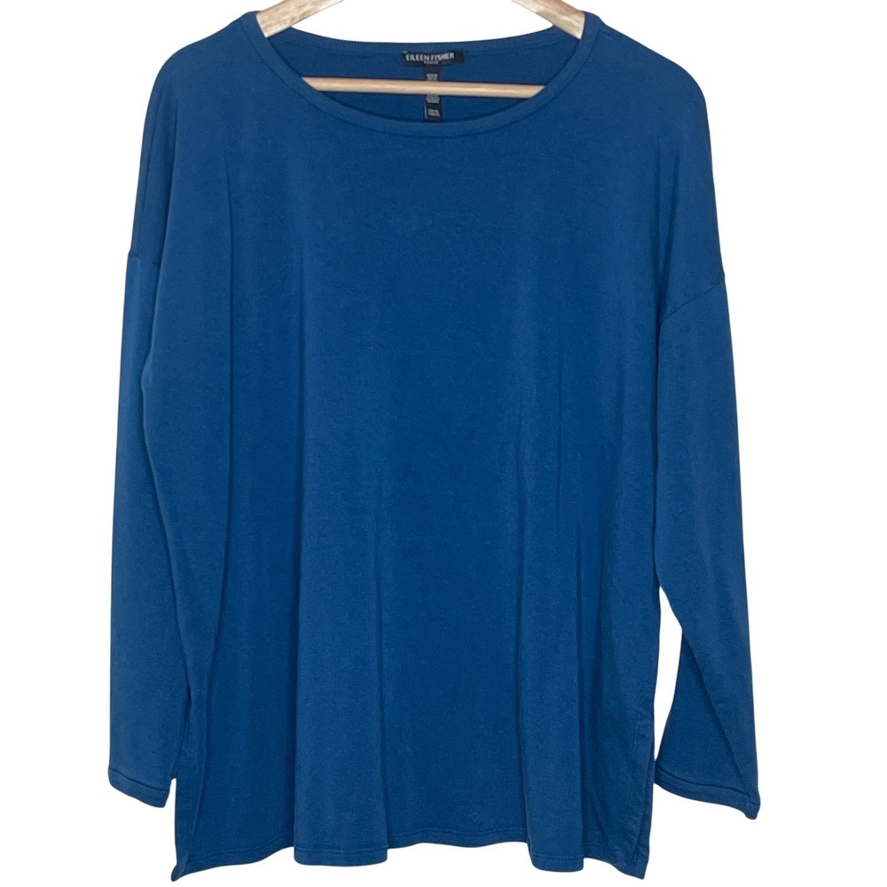 Eileen Fisher‎ Petite Large Blue Tencel Organic Cotton Long Sleeve Top Boxy PL